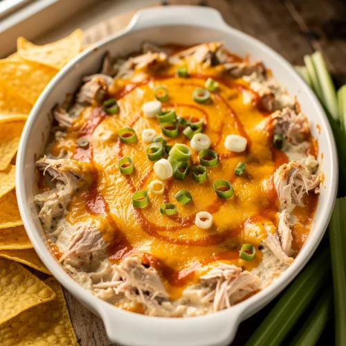 Creamy Frank’s Buffalo chicken dip baked with melted cheese and topped with green onions, served with tortilla chips and celery sticks