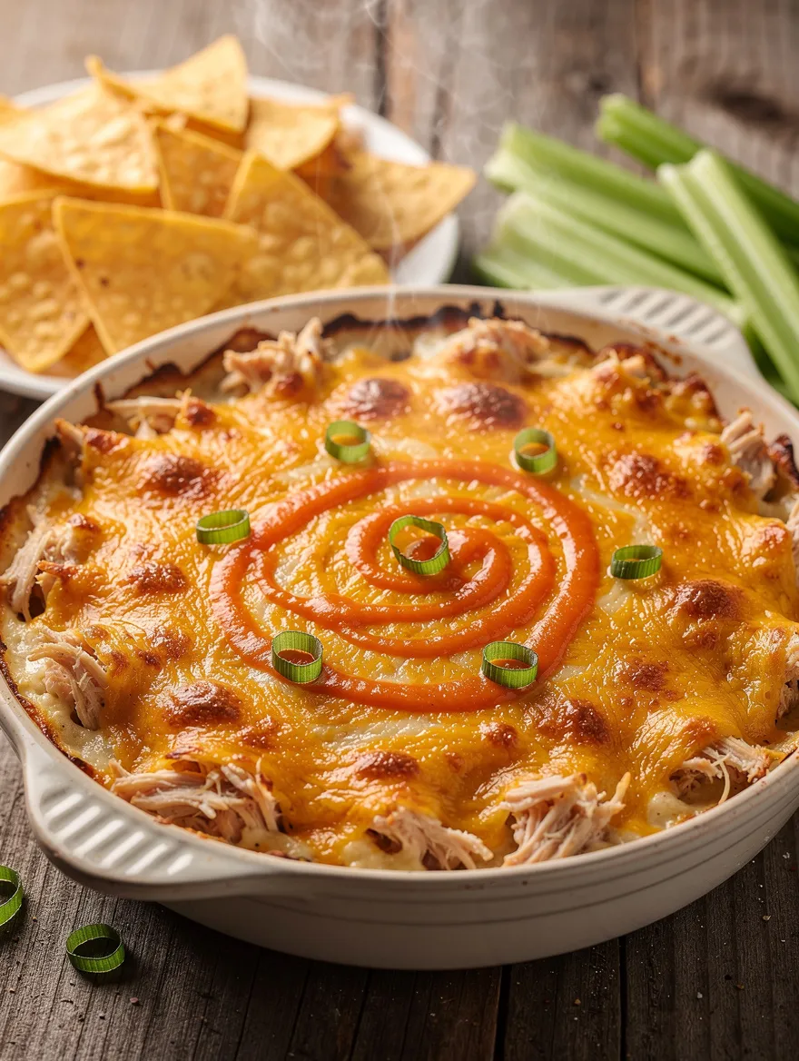 Frank’s Buffalo chicken dip baked with melted cheese and hot sauce swirl