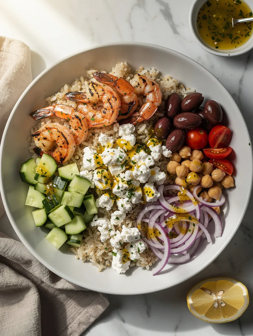 Greek shrimp Mediterranean bowl with quinoa, feta cheese, cucumbers, olives, chickpeas, and grilled shrimp.