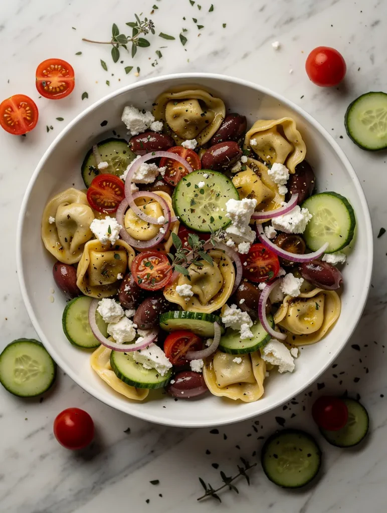 Greek tortellini salad with feta, cucumbers, olives, tomatoes, and red onion