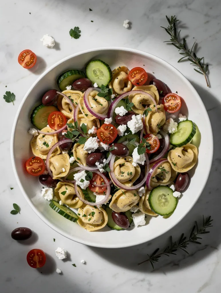 Greek tortellini salad with cucumbers, feta cheese, olives, tomatoes, and herbs