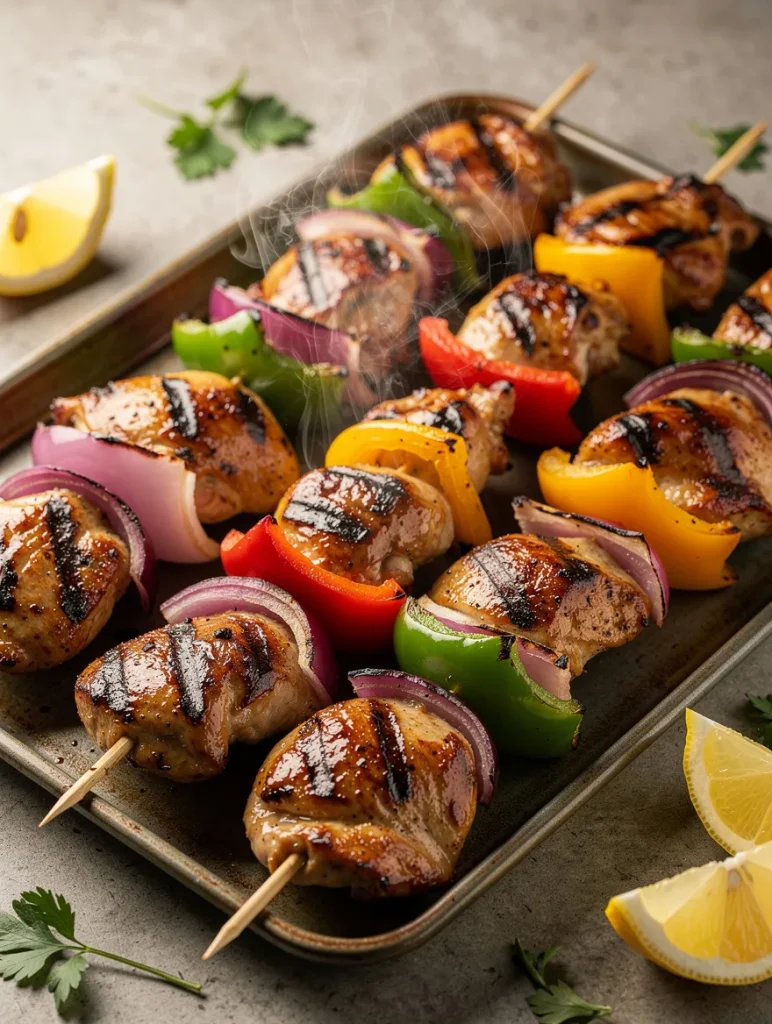 Grilled chicken skewers with bell peppers, red onions, and lemon wedges