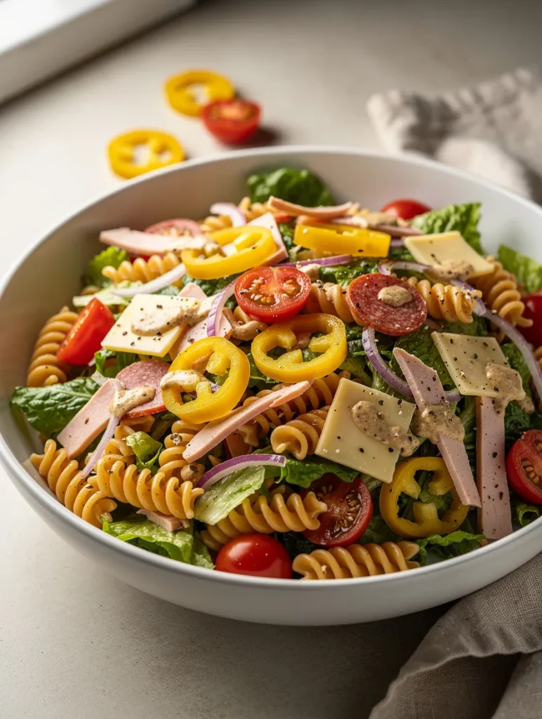 Grinder pasta salad with deli meat, cheese, and pepperoncini