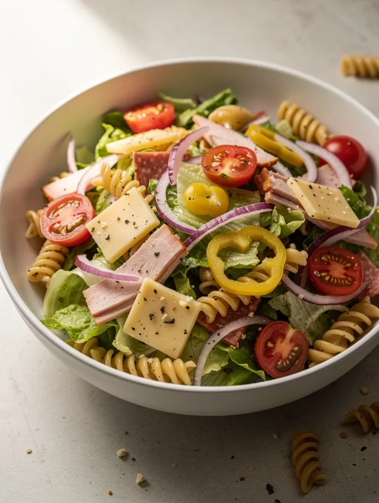 Grinder pasta salad with deli meat, cheese, and vegetables