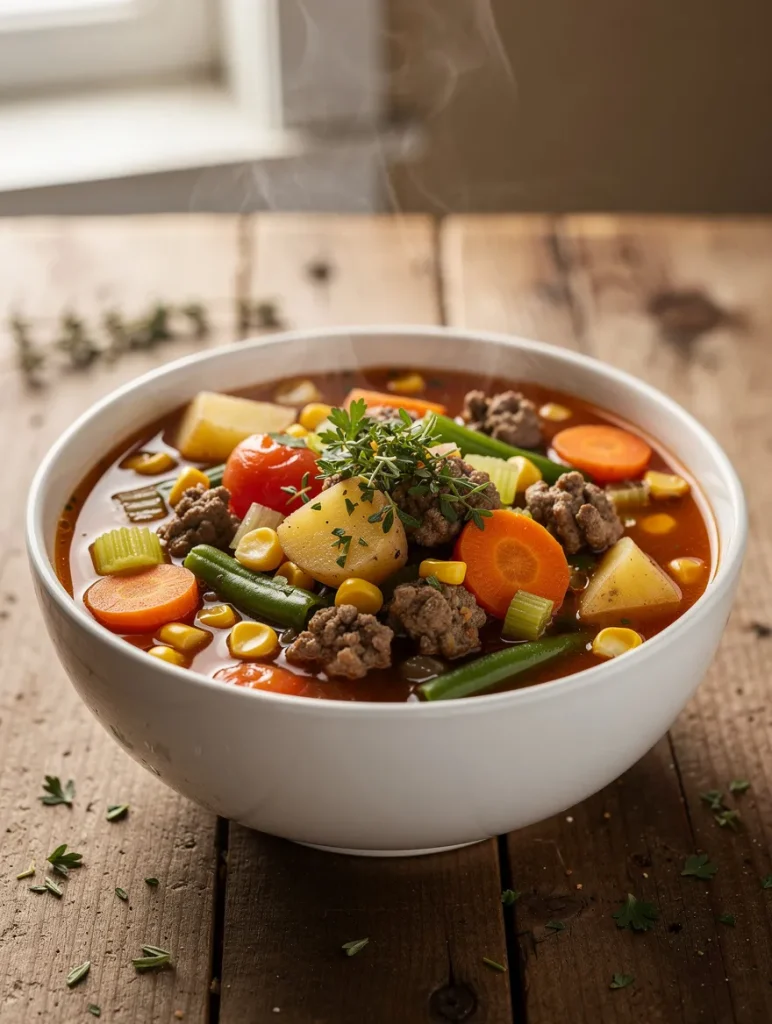 Steaming hamburger vegetable soup with ground beef, corn, carrots, potatoes, and green beans
