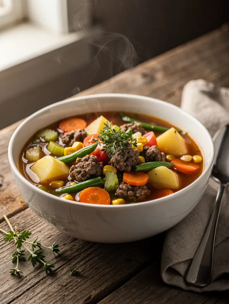 Hearty hamburger vegetable soup with potatoes, carrots, corn, celery, and green beans in a white bowl
