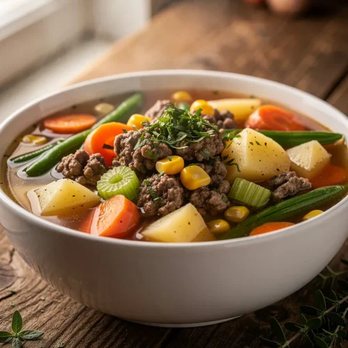 Hamburger vegetable soup recipe with ground beef, potatoes, carrots, corn, and green beans in a white bowl