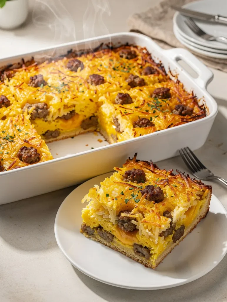 Hashbrown breakfast casserole with sausage, eggs, crispy hashbrowns, and melted cheddar cheese served on a white plate.