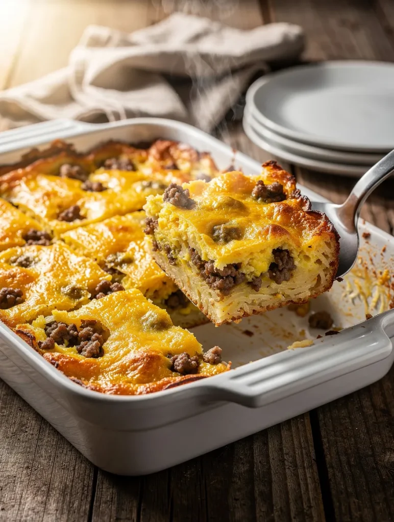 Hashbrown breakfast casserole with sausage and melted cheese being lifted from a white baking dish with a serving spatula.