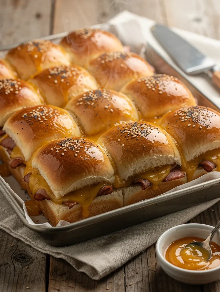 Hawaiian roll sliders with ham, melted cheese, and sesame seed tops baked in a tray