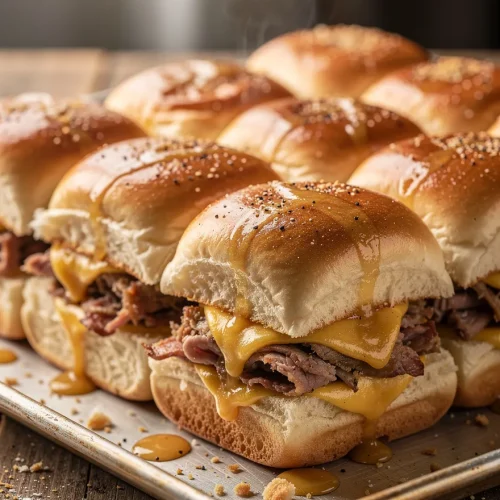 Hawaiian roll sliders with roast beef, melted cheese, and buttery glazed buns