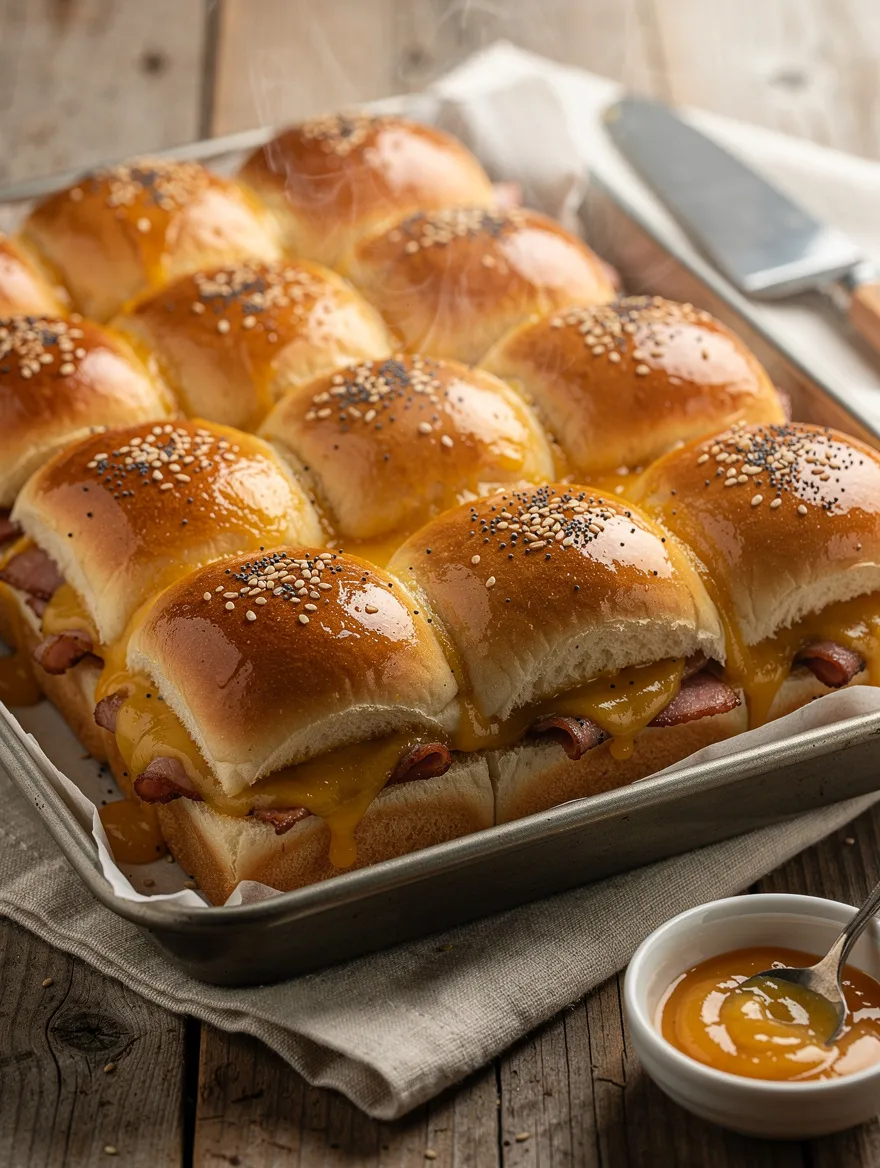 Hawaiian roll sliders with ham, melted cheese, and sesame seed tops baked in a tray