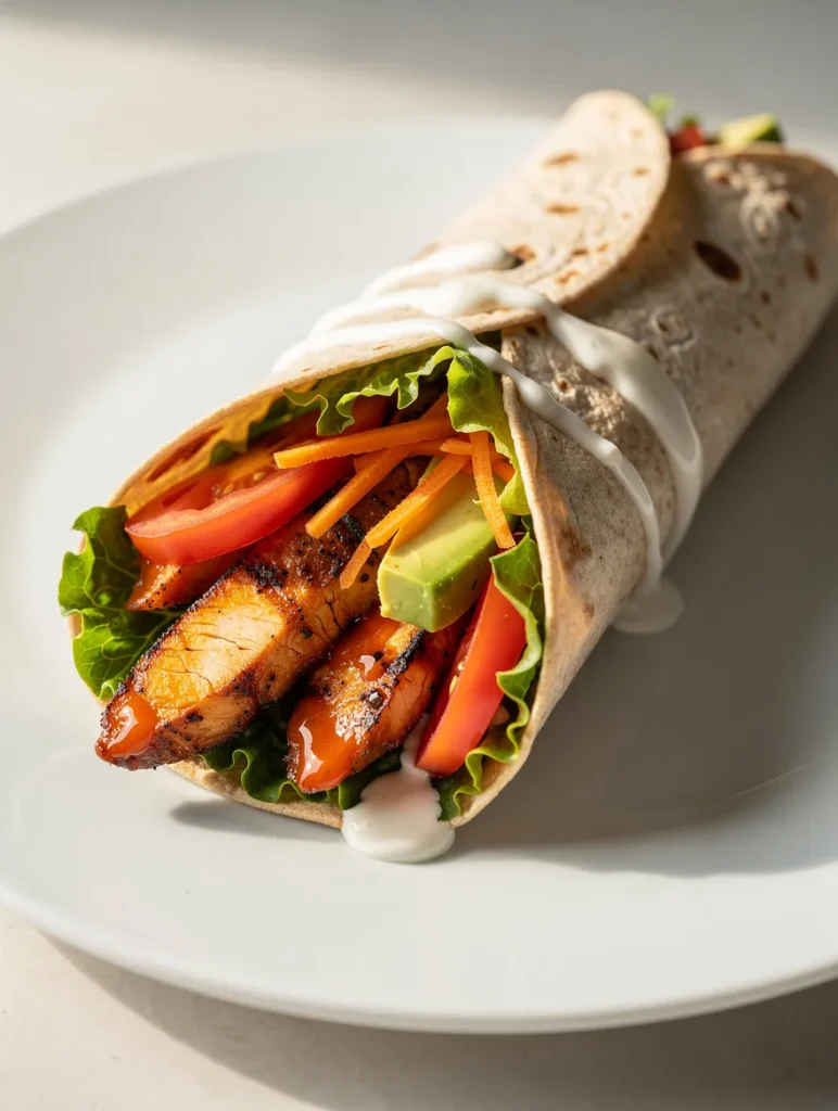Healthy buffalo chicken wrap with grilled chicken, avocado, lettuce, tomatoes, carrots, and creamy dressing on a white plate.