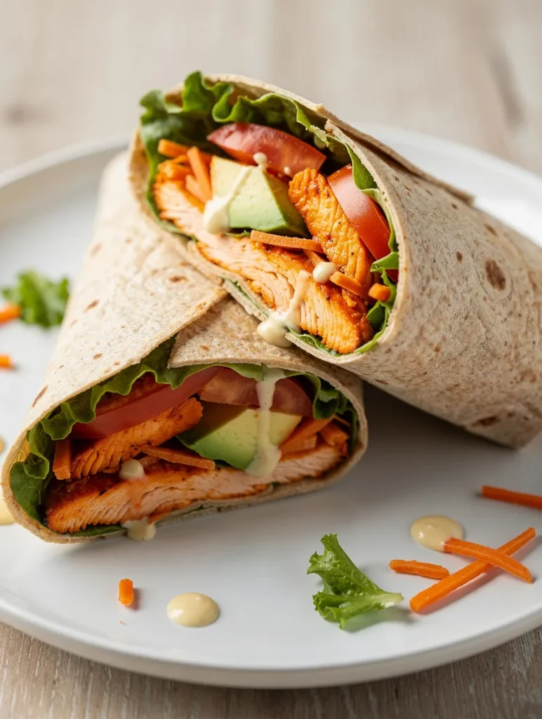Healthy buffalo chicken wraps with grilled chicken, avocado, lettuce, tomatoes, shredded carrots, and creamy dressing on a white plate.