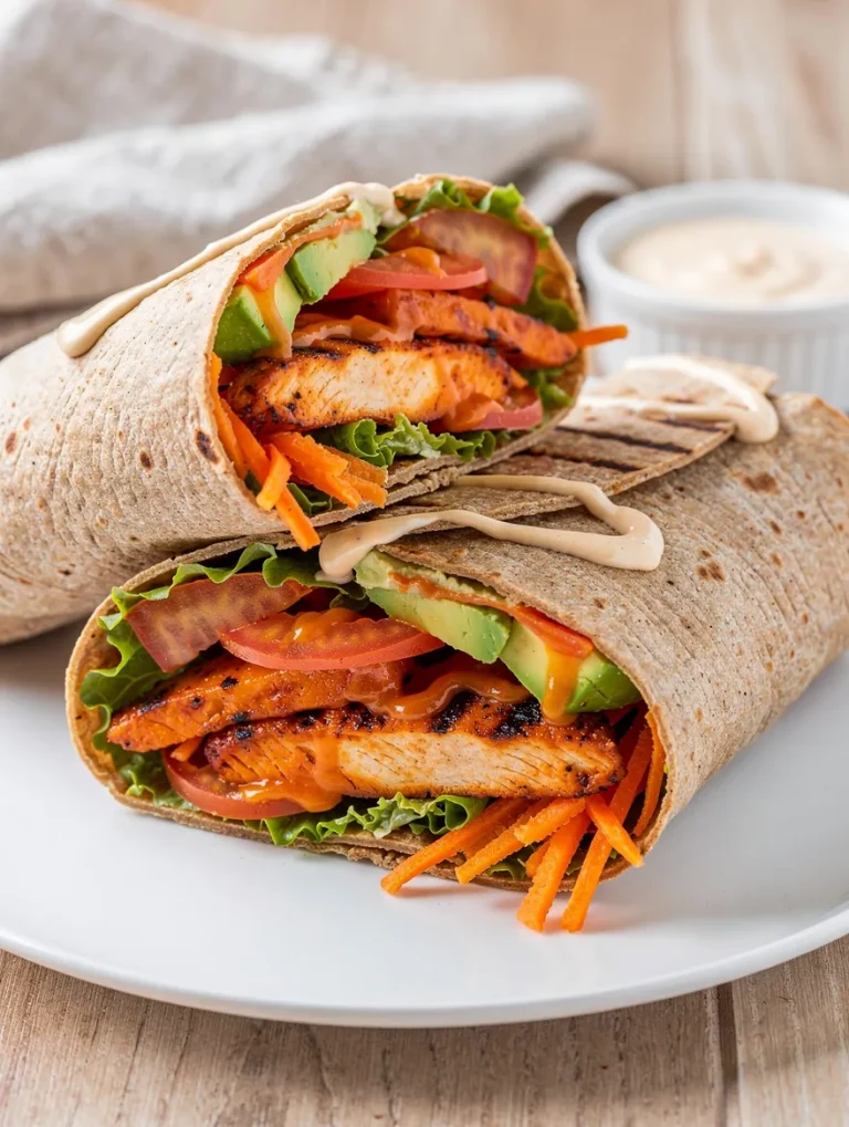 Healthy buffalo chicken wraps filled with grilled chicken, avocado, lettuce, tomatoes, carrots, and buffalo sauce on a white plate.