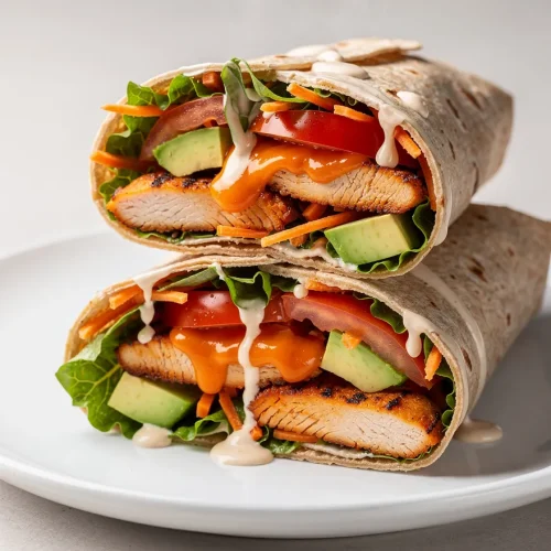 Healthy buffalo chicken wraps stacked on a white plate with grilled chicken, avocado, lettuce, tomatoes, carrots, buffalo sauce, and creamy dressing.