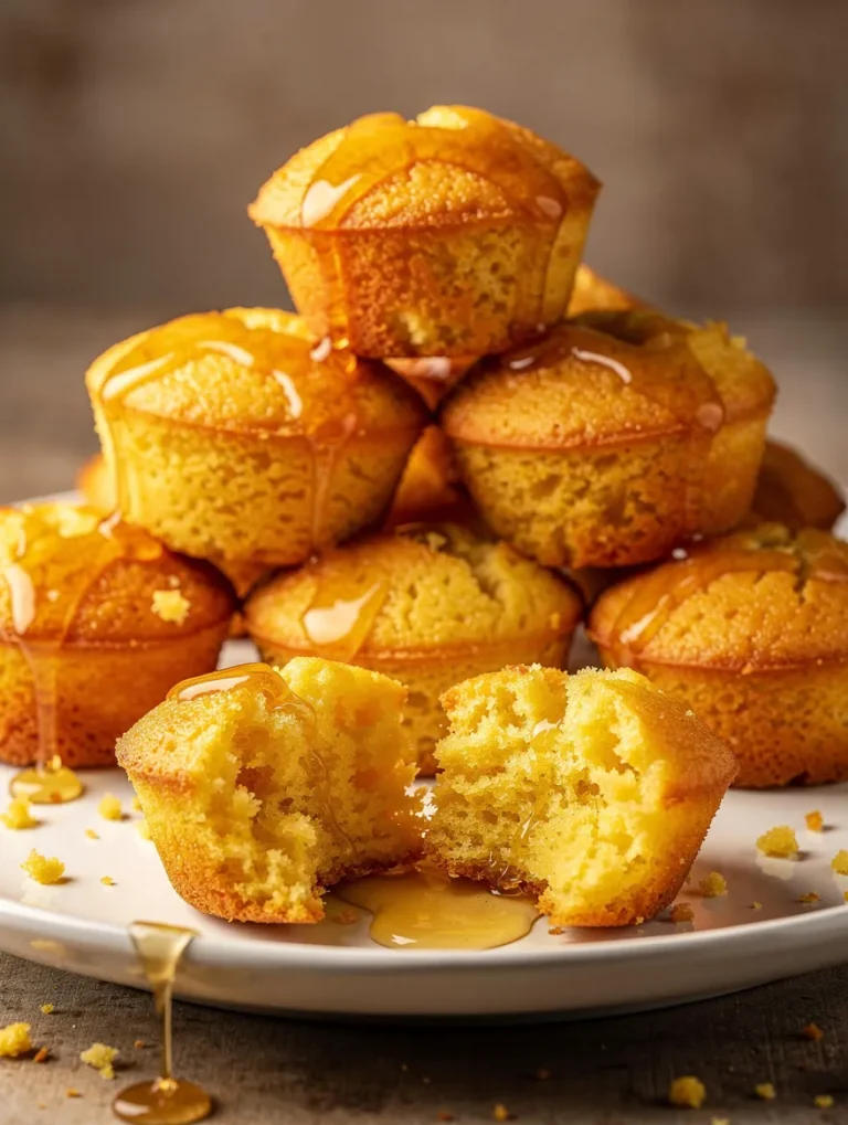 Honey butter cornbread poppers drizzled with honey and stacked on a white plate.