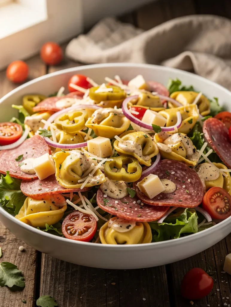 Italian grinder tortellini salad with salami, cheese tortellini, pepperoncini, lettuce, and creamy dressing