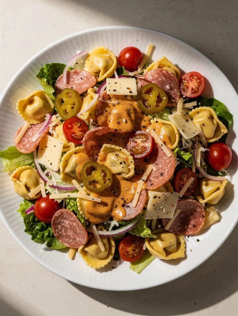 Italian grinder tortellini salad with salami, tortellini, lettuce, pepperoncini, tomatoes, and creamy dressing