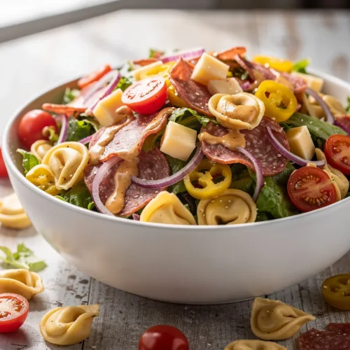Italian grinder tortellini salad with salami, cheese cubes, pepperoncini, tomatoes, and creamy dressing
