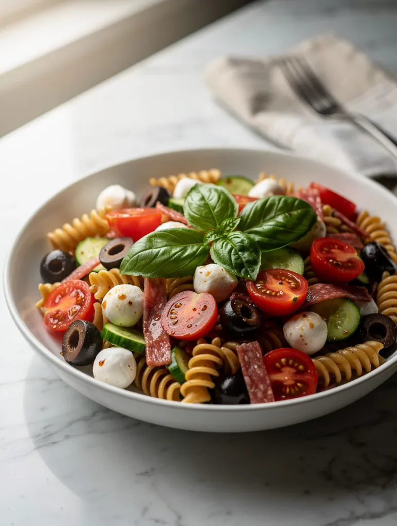 Italian pasta salad with rotini, mozzarella, salami, olives, and fresh basil