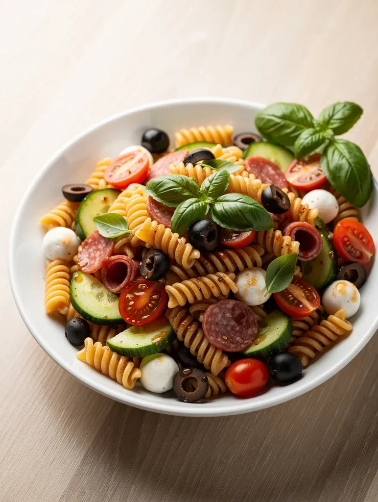 Italian pasta salad with rotini, mozzarella, salami, olives, cucumbers, and basil