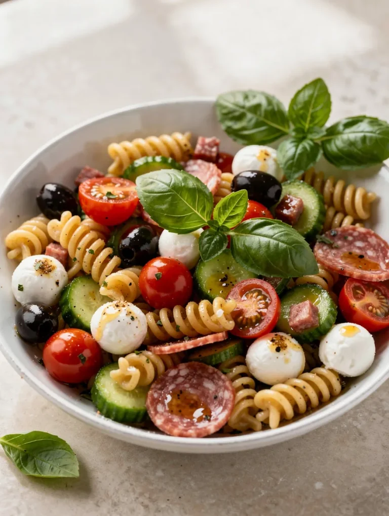 Italian pasta salad with mozzarella, salami, tomatoes, olives, and basil