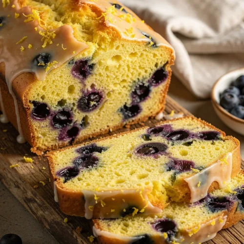 Homemade lemon blueberry bread sliced with glaze and fresh blueberries on wooden board