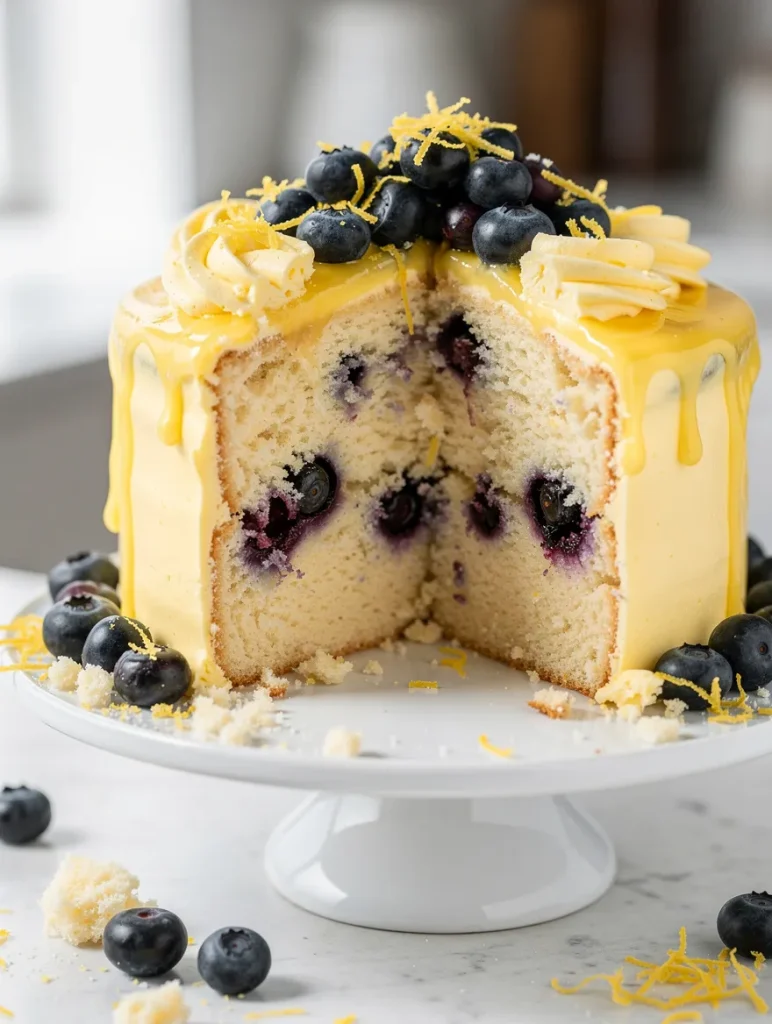 Lemon blueberry cake with yellow glaze, sliced to show blueberry-filled interior on white cake stand