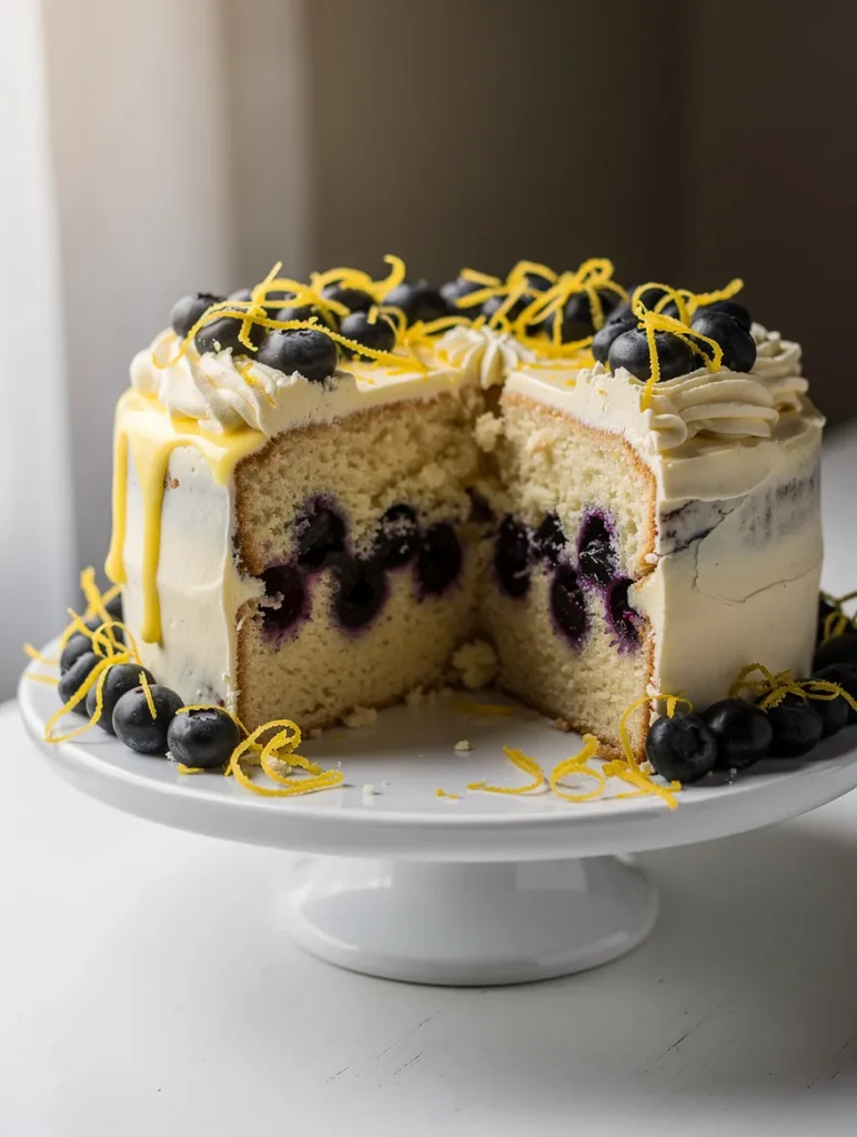 Lemon blueberry cake with buttercream frosting, glaze drip, and fresh blueberries on cake stand