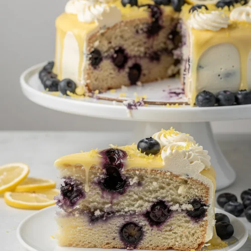 Slice of lemon blueberry cake with glaze and fresh blueberries on plate, whole cake in background