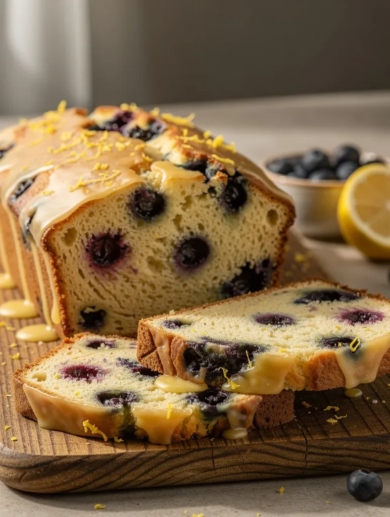 Lemon blueberry pound cake with glaze and sliced pieces on a wooden board
