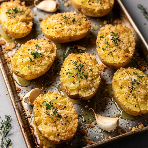 Crispy parmesan crusted potatoes roasted with garlic and herbs on a baking sheet