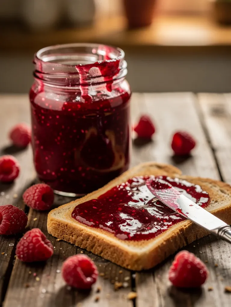Raspberry jam spread on toast with jar of homemade raspberry jam