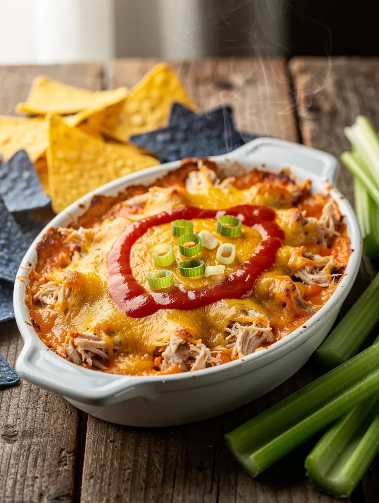 Cheesy Red Hot Buffalo chicken dip with buffalo sauce and green onions served with tortilla chips and celery sticks