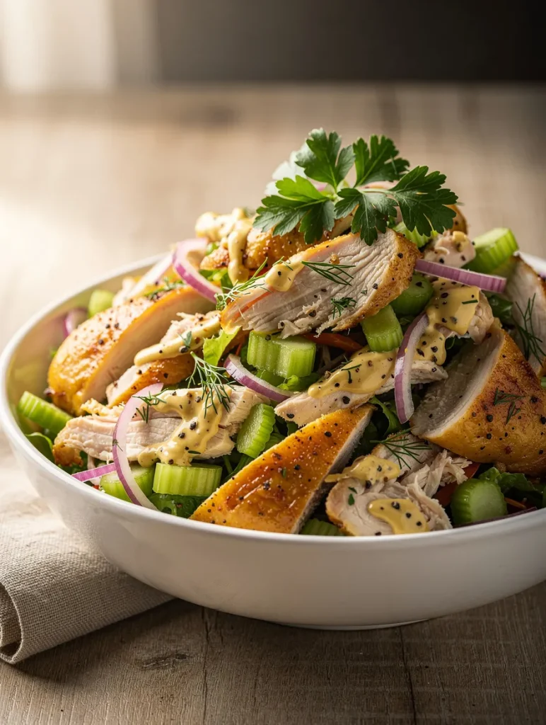 Rotisserie chicken salad with celery, red onion, herbs, and creamy dressing in a bowl