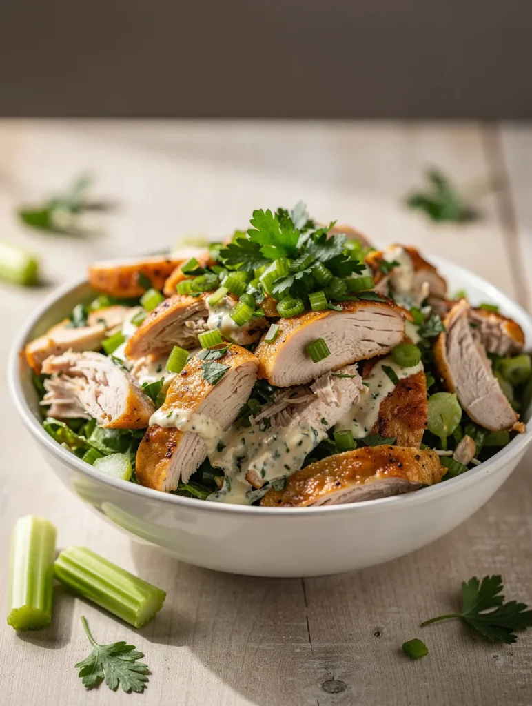 Rotisserie chicken salad with celery, herbs, and creamy dressing in a white bowl