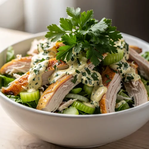 Rotisserie chicken salad with celery, greens, and creamy herb dressing in a bowl