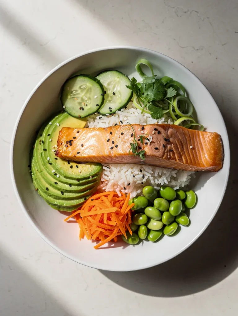 Salmon avocado bowl with rice, cucumber, avocado, edamame, carrots, and sesame seeds in a white bowl.
