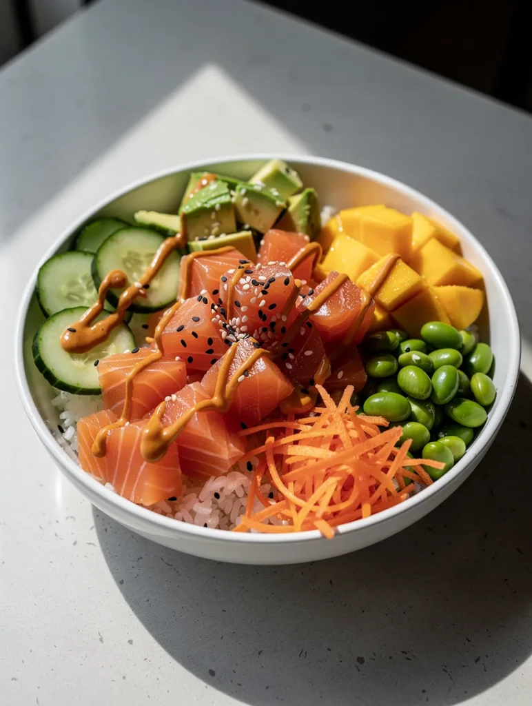 Fresh salmon poke bowl with avocado, mango, cucumber, edamame, carrots, and spicy sauce over rice.