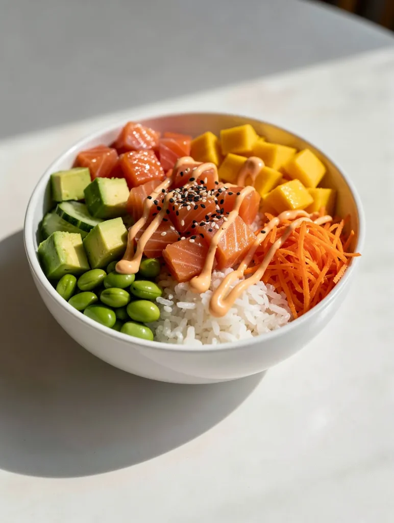 Salmon poke bowl with salmon cubes, avocado, mango, edamame, carrots, and spicy mayo over white rice.