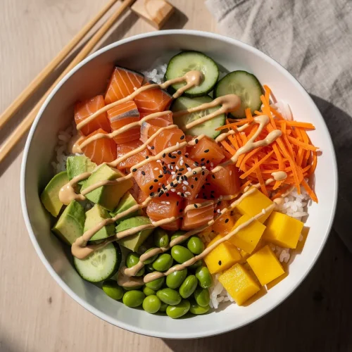 Overhead view of a salmon poke bowl with avocado, cucumber, mango, edamame, carrots, and spicy mayo over rice.