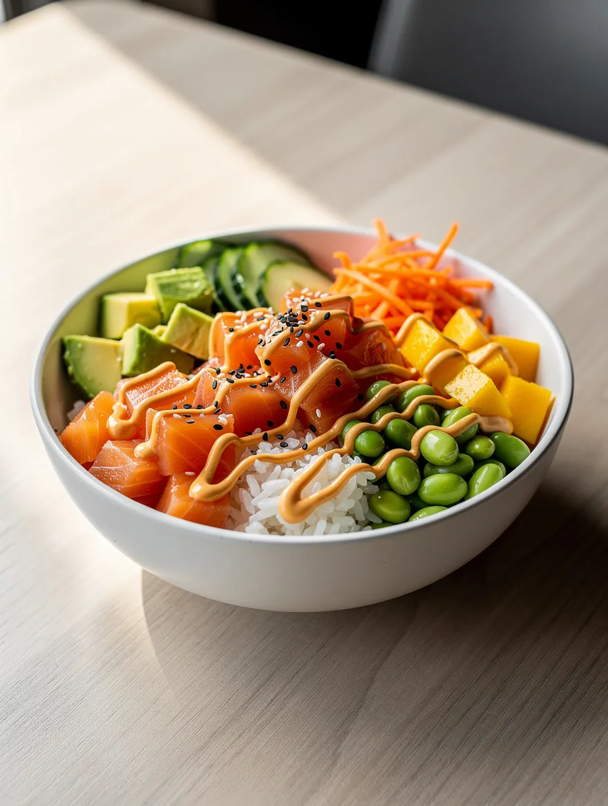 Salmon poke bowl with fresh salmon, avocado, edamame, mango, cucumber, carrots, and spicy sauce over rice.