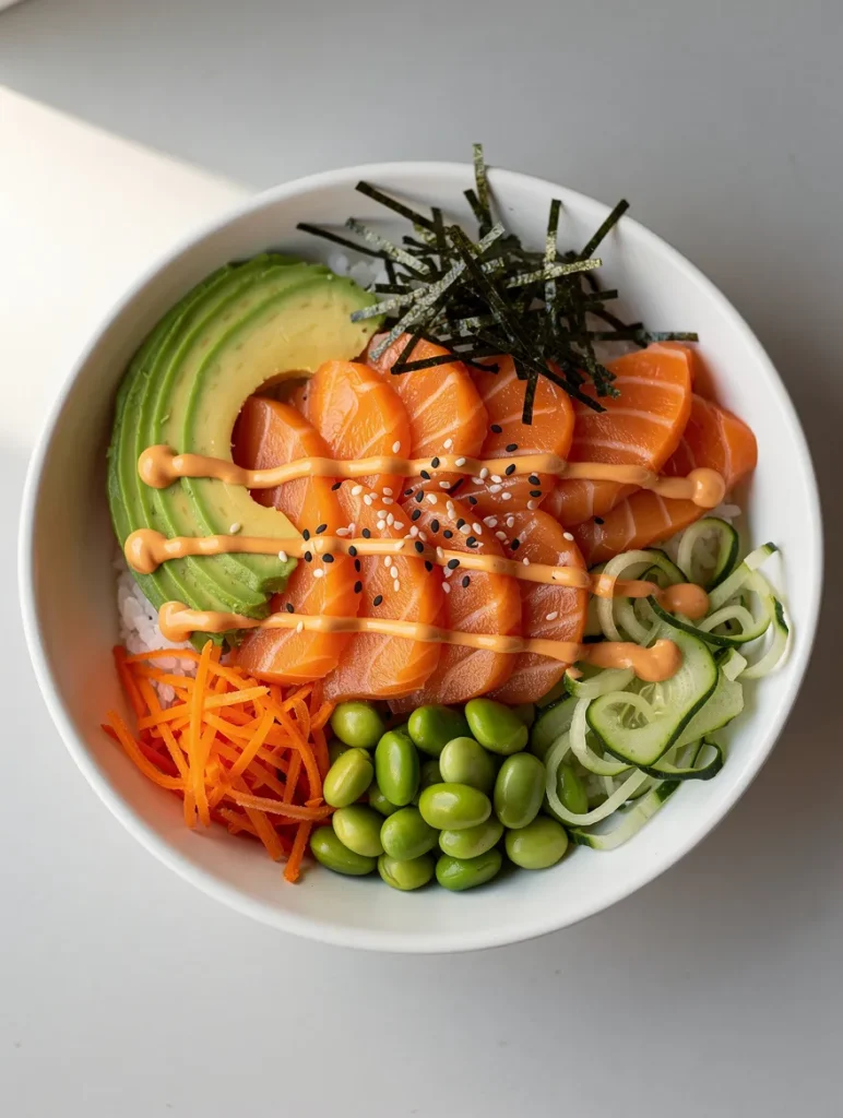 Salmon sushi bowl with avocado, edamame, cucumber noodles, carrots, seaweed, and spicy mayo over rice.