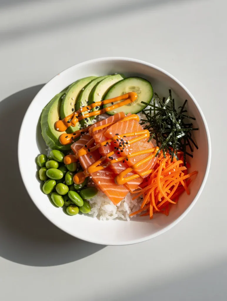 Salmon sushi bowl with avocado, cucumber, edamame, carrots, seaweed, and spicy sriracha mayo over rice.