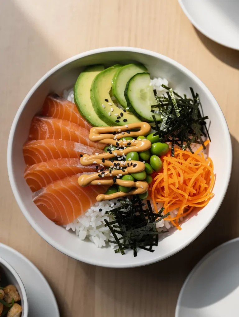Salmon sushi bowl with sliced salmon, avocado, cucumber, edamame, carrots, seaweed, and spicy mayo over rice.