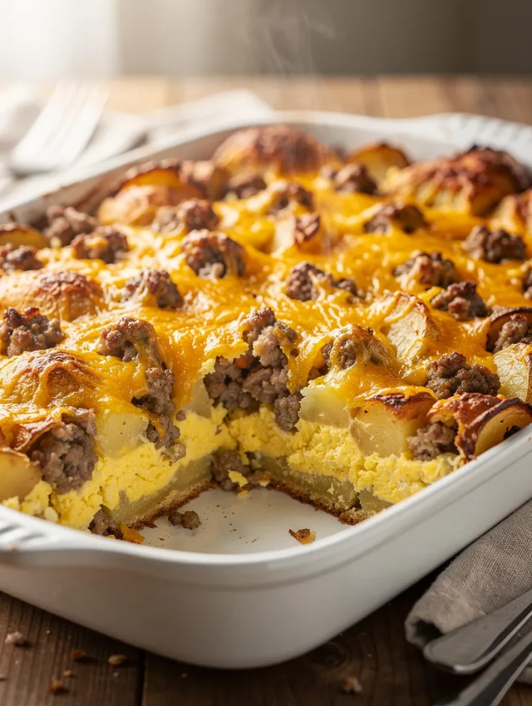 Close-up of sausage potato breakfast casserole with eggs, roasted potatoes, and melted cheddar cheese in a white baking dish.