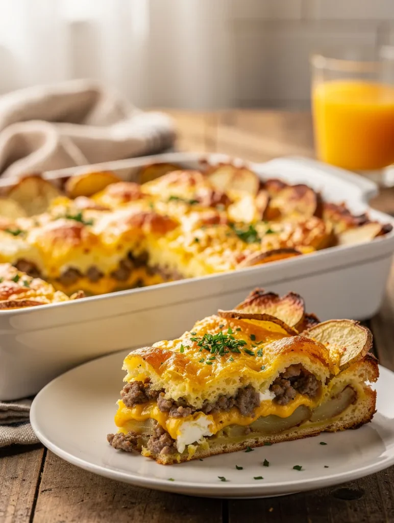 Slice of sausage potato breakfast casserole with eggs and cheddar cheese served on a white plate beside the baking dish.