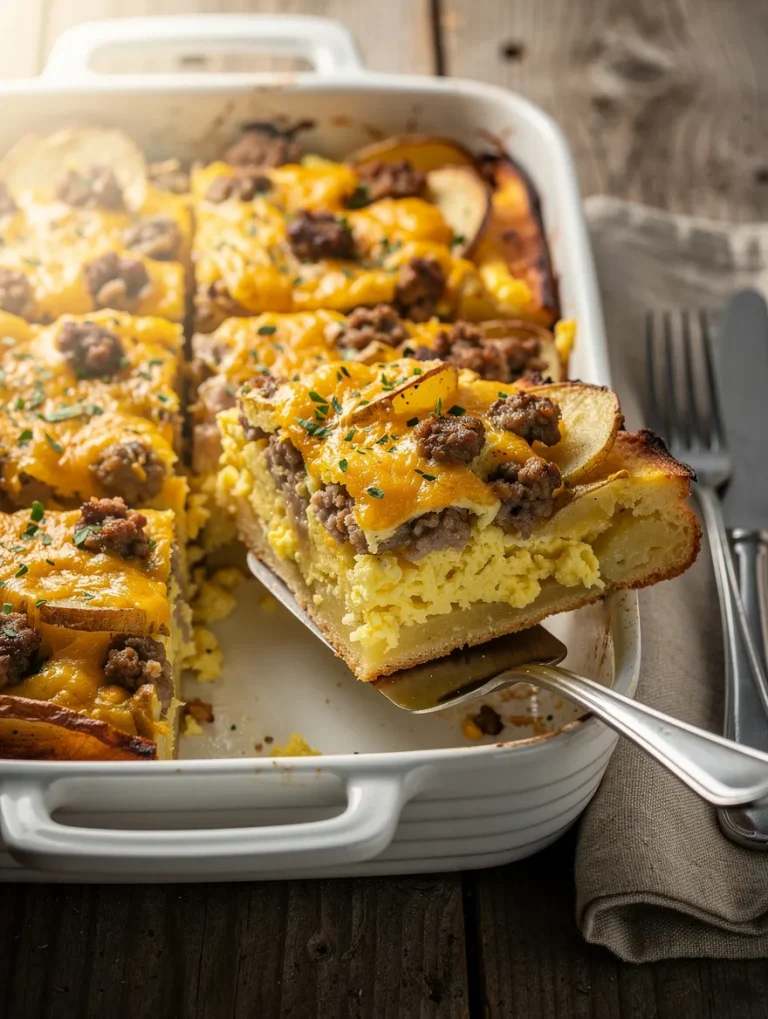 Sausage potato breakfast casserole with eggs and melted cheese baked in a casserole dish.