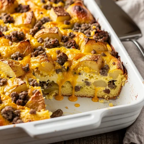 Cheesy sausage potato breakfast casserole baked in a white dish with crispy potatoes and melted cheddar cheese.